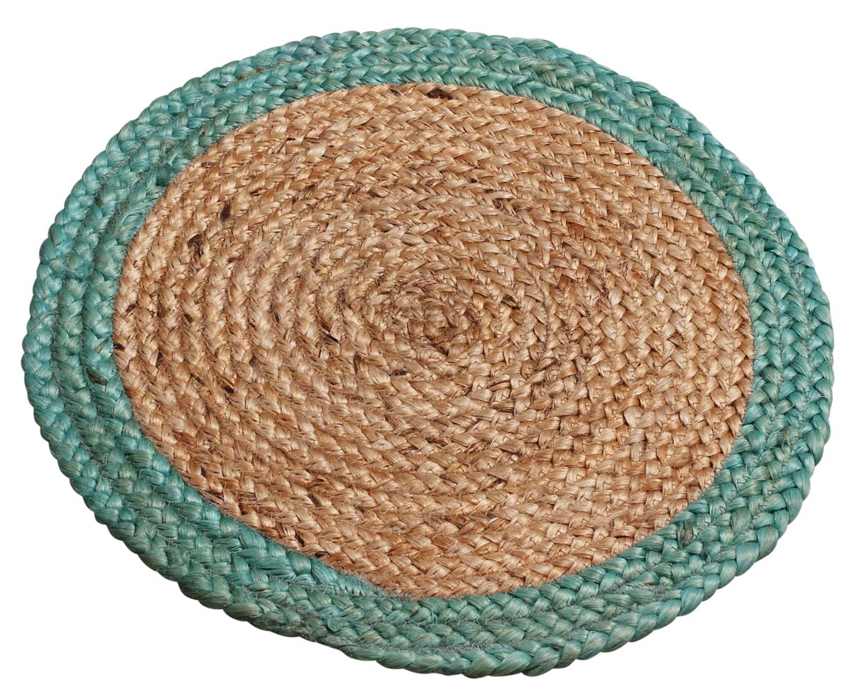 17” Round Pure Jute Mat / Rug in Bulk at Wholesale – Turquoise Beige – Hand-Braided - Home Décor & Furnishings