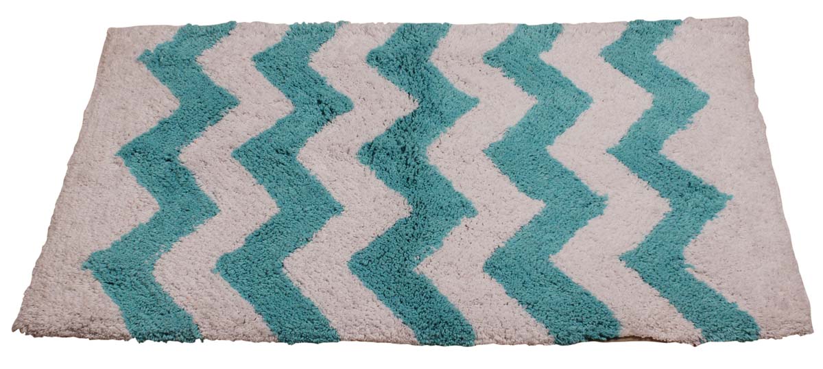 25” Pure-Cotton Non-Slip Bath Mat / Rug in Bulk at Wholesale – Sky-Blue White Chevron – Handmade Home Furnishings