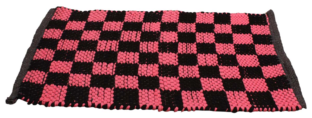 24” Cotton Chindi Door-Mat in Bulk at Wholesale – Hand-Braided Rugs – Black Dark-Pink Chequered Pattern – Artistic Home Furnishings