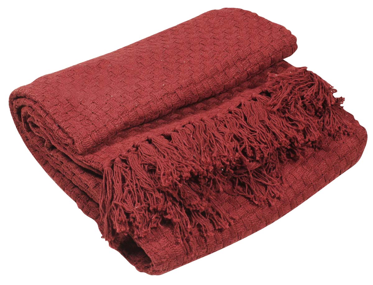 60” Pure-Cotton Maroon Throw Blanket with Trimmed Tassels in Bulk at Wholesale - Home Furnishings