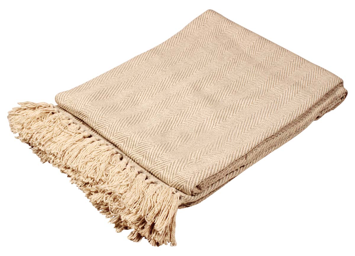 60” Pure-Cotton Cream Taupe Chevron Throw Blanket with Tassels in Bulk at Wholesale - Home Furnishings