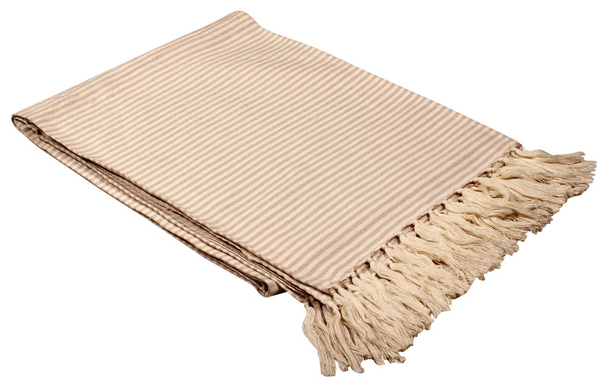 60” Pure-Cotton Brown Beige Striped Throw Blanket in Bulk at Wholesale – Trimmed Tassels - Contemporary Home Furnishings