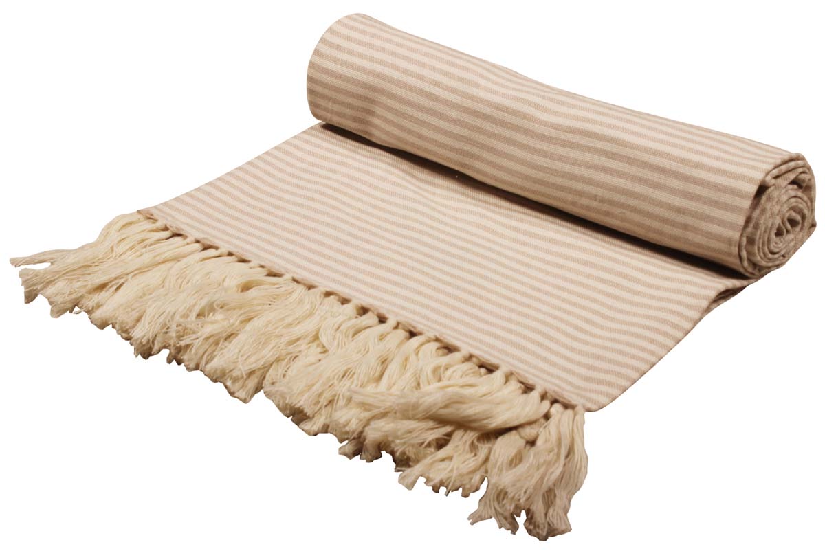 60” Pure-Cotton Brown Beige Striped Throw Blanket in Bulk at Wholesale – Trimmed Tassels - Contemporary Home Furnishings