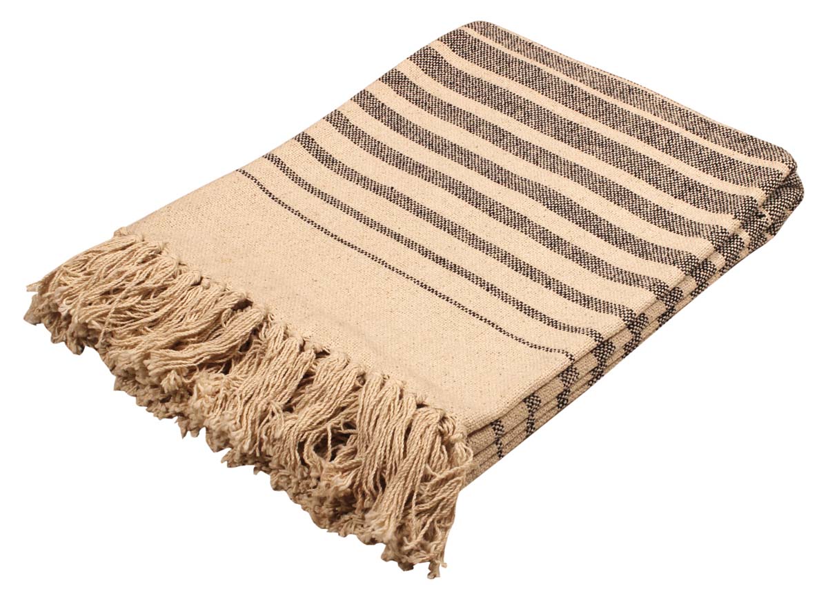 60” Pure-Cotton Black Beige Striped Throw Blanket in Bulk at Wholesale – Trimmed Tassels - Light-Weight - Contemporary Home Furnishings