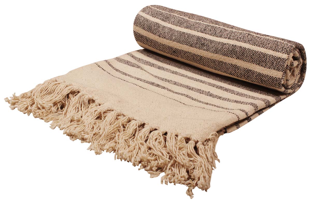 60” Pure-Cotton Black Beige Striped Throw Blanket in Bulk at Wholesale – Trimmed Tassels - Light-Weight - Contemporary Home Furnishings
