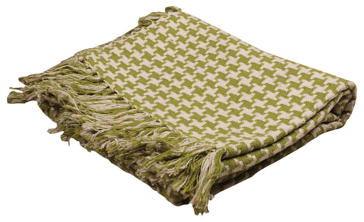 60” Pure-Cotton Green White Throw Blanket in Bulk at Wholesale – Trimmed Tassels - Contemporary Home Furnishings