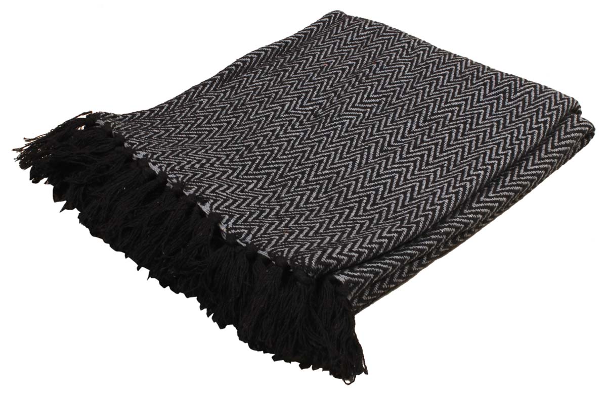 60” Pure-Cotton Black Chevron Throw Blanket in Bulk at Wholesale – Trimmed Tassels - Contemporary Home Furnishings