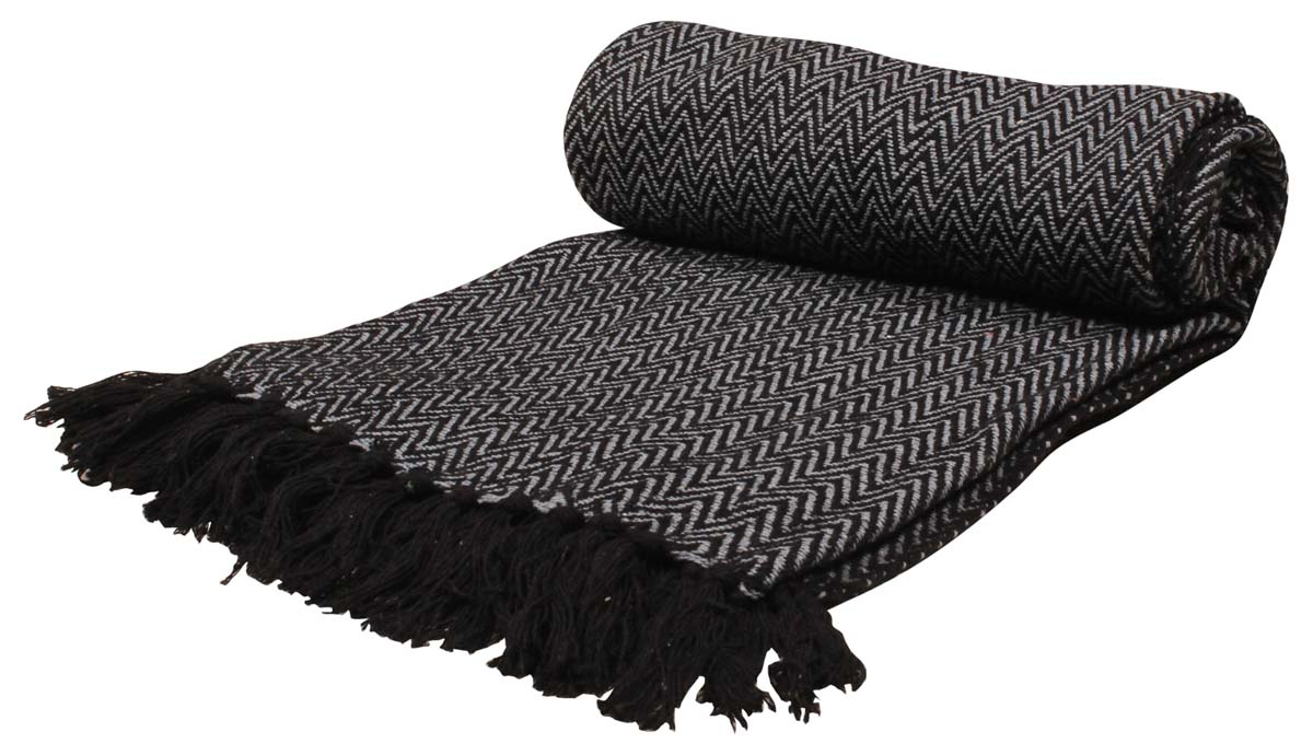 60” Pure-Cotton Black Chevron Throw Blanket in Bulk at Wholesale – Trimmed Tassels - Contemporary Home Furnishings