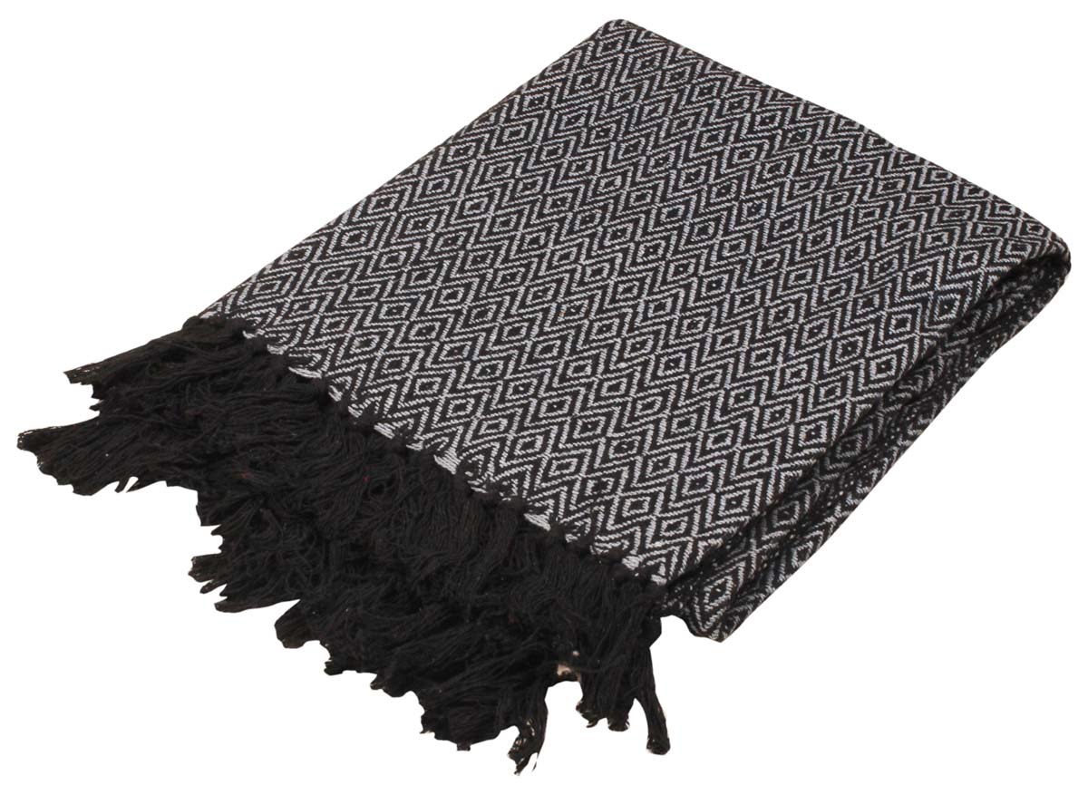 60” Pure-Cotton Black Grid Throw Blanket in Bulk at Wholesale – Trimmed Tassels - Contemporary Home Furnishings