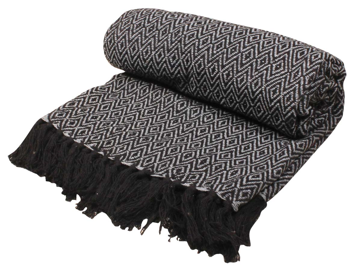 60” Pure-Cotton Black Grid Throw Blanket in Bulk at Wholesale – Trimmed Tassels - Contemporary Home Furnishings