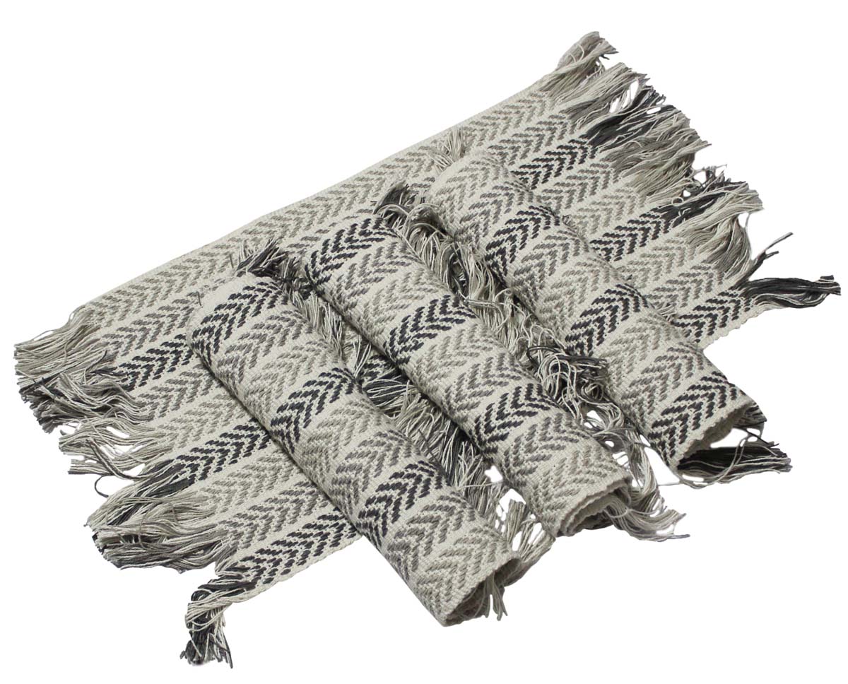 Bulk Wholesale Set of 4 Table Mats/Placemats with a Runner in White, Gray & Black Color - Hand-Woven in Cotton Threads & Finished with Tassels at Two Ends - Dining Table Decor