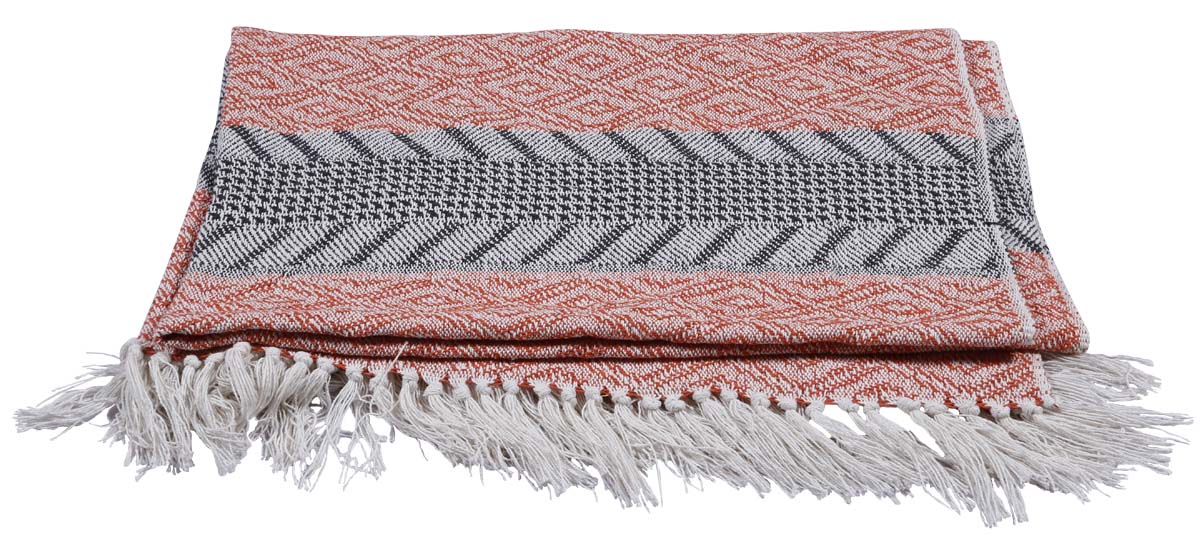 60x50” Woven Throw Blanket in Cotton with Abstract Motifs in Shades of Red, Grey & Black - Home Decor Furnishings - Buy in Bulk Wholesale