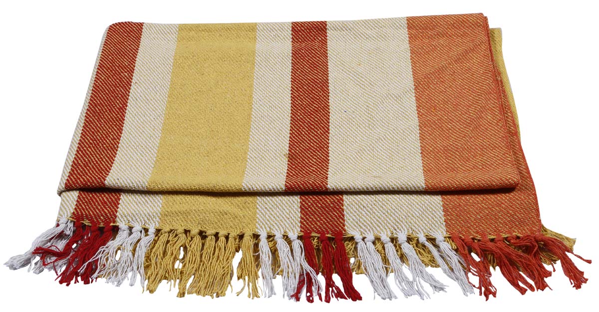 60x50” Woven Throw Blanket in Cotton with Stripes in Orange, Yellow & Beige Colors - Home Decor Furnishings - Buy in Bulk Wholesale