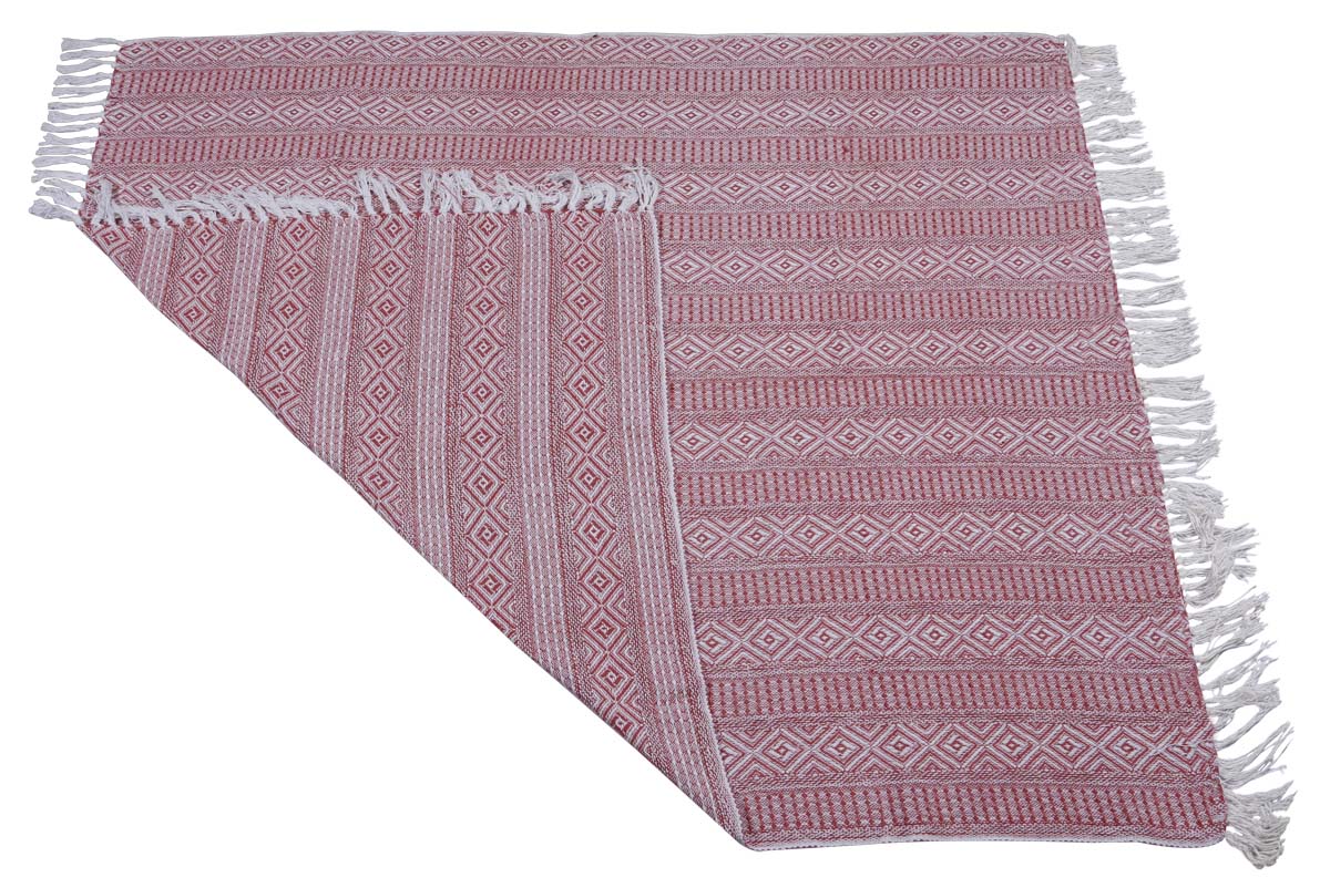 60x50" Woven Throw Blanket in Cotton with Abstract Geometric Motifs in Shades of Red & White - Home Decor Furnishings - Buy in Bulk Wholesale
