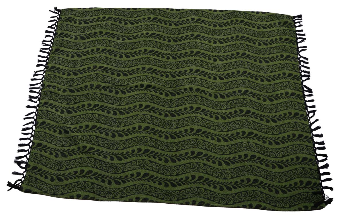 60x50" Hand-Woven Throw Blanket in Velvet & Cotton with Fern Motifs in Waves -Green Throw with Tassels - Home Decor Furnishings - Buy in Bulk Wholesale