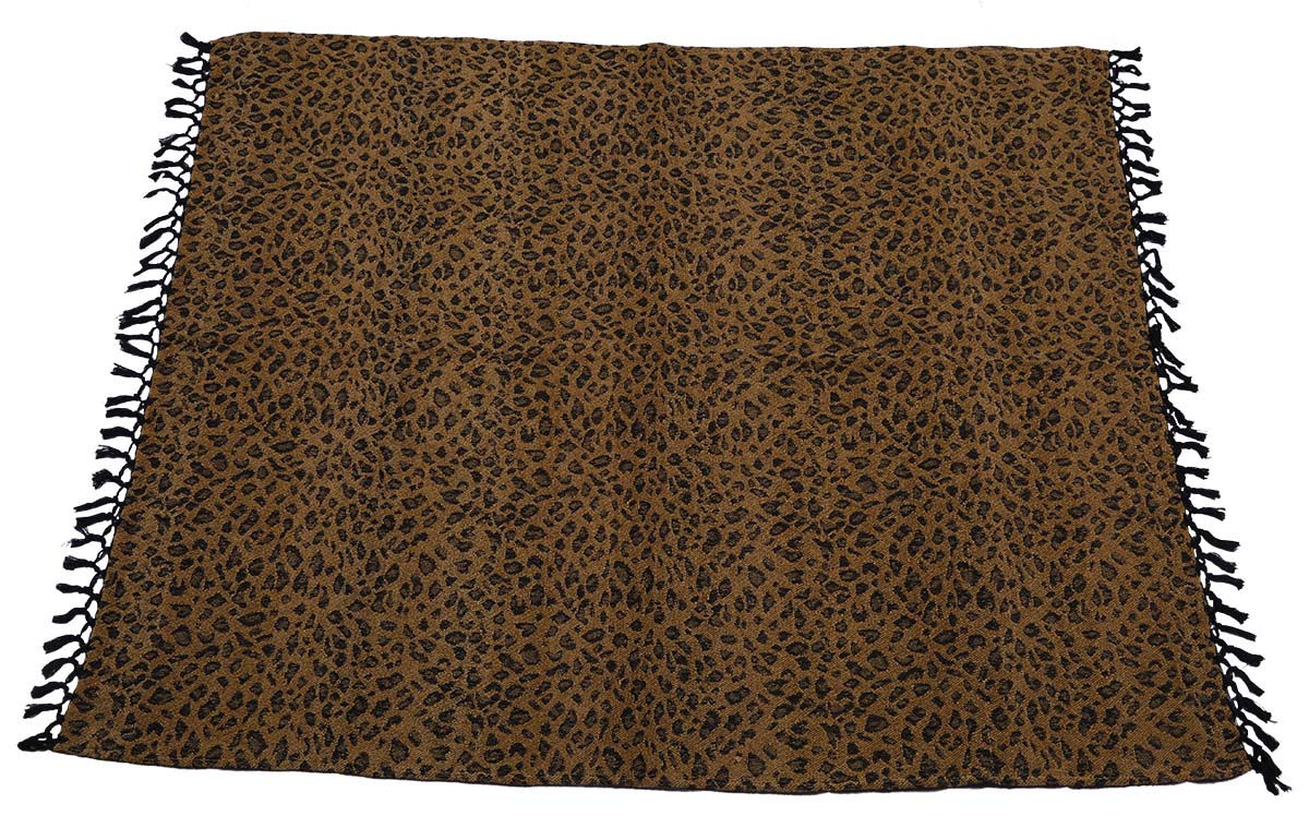60x50” Hand-Woven Throw Blanket in Velvet & Cotton with Leopard Print -Mustard & Black Throw with Tassels - Home Decor Furnishings - Buy in Bulk Wholesale