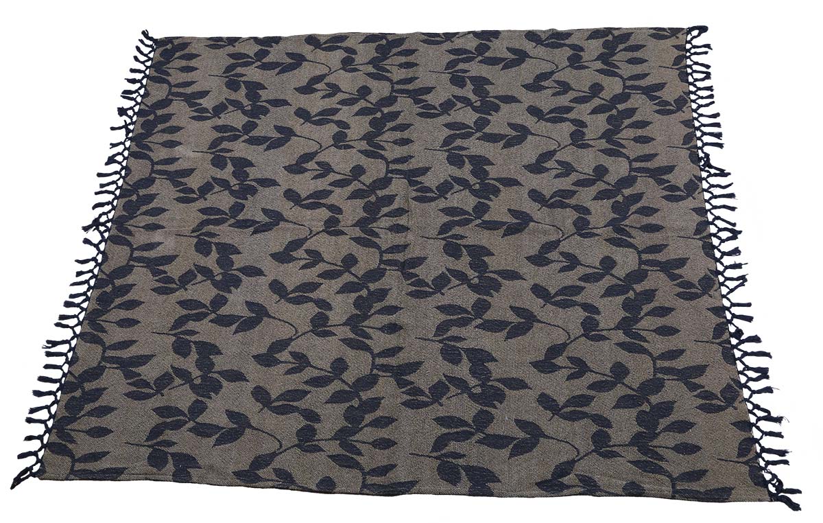 60x50” Hand-Woven Throw Blanket in Velvet & Cotton with Leafy Pattern -Blue & Quartz Grey Throw with Tassels - Home Decor Furnishings - Buy in Bulk Wholesale
