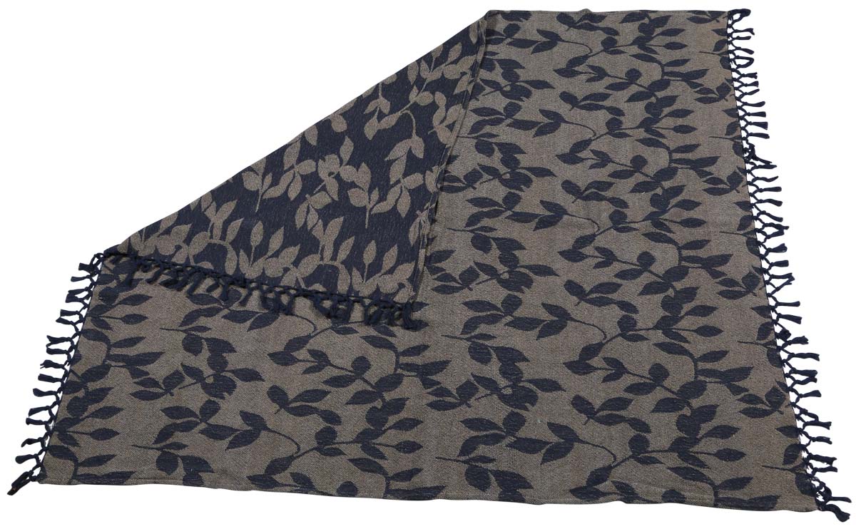60x50” Hand-Woven Throw Blanket in Velvet & Cotton with Leafy Pattern -Blue & Quartz Grey Throw with Tassels - Home Decor Furnishings - Buy in Bulk Wholesale