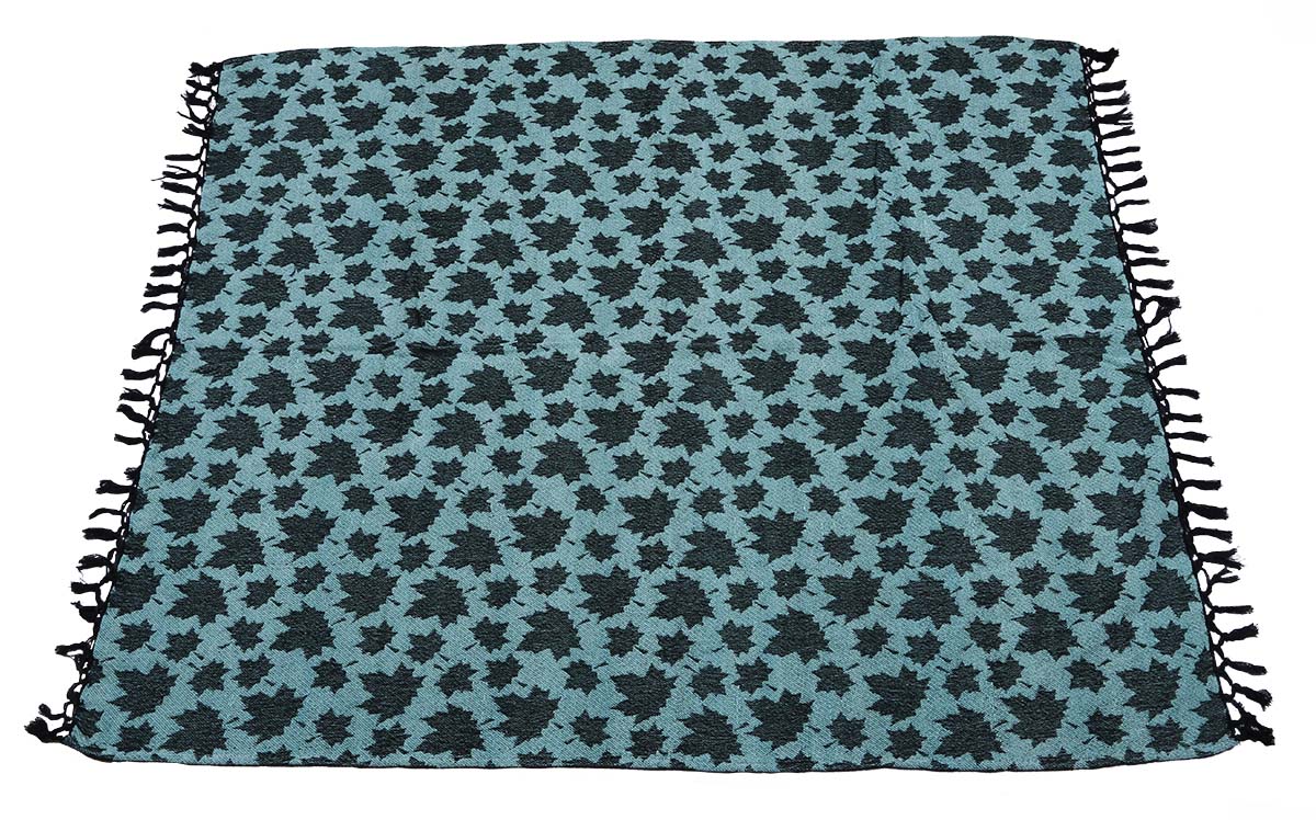 60x50” Hand-Woven Throw Blanket in Velvet & Cotton with Ferns’ Pattern -Aqua-Blue & Black Throw with Tassels - Home Decor Furnishings - Buy in Bulk Wholesale