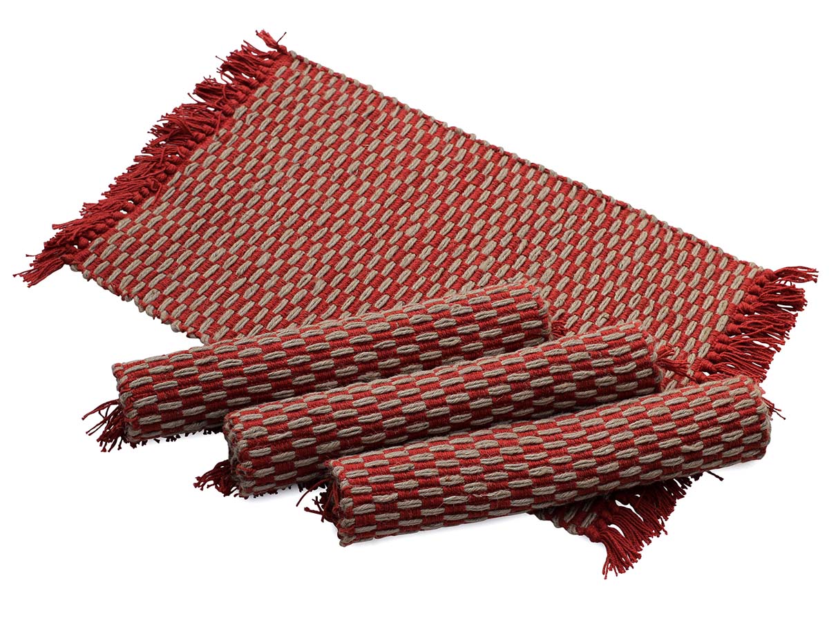Buy in Bulk Wholesale Table Mats/ Placemats (Set of 4) Handmade 13” 100% Jute Reversible in Red and Beige Pattern