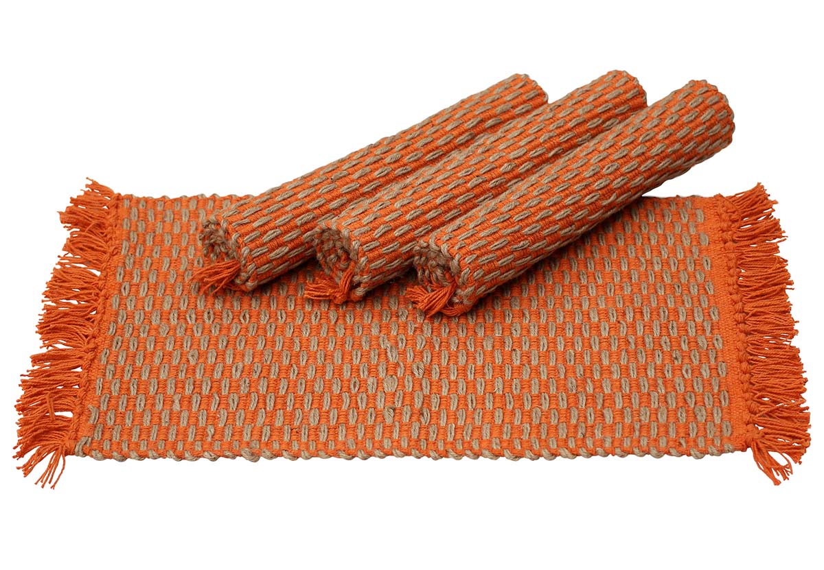  Bright Grids  – Handmade 13” 100% Jute Reversible Table Mats/ Placemats (Set of 4) in Orange and Beige Pattern Wholesale
