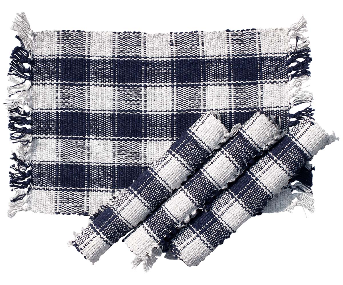 Bulk Wholesale Reversible Table Mats/ Placemats (Set of 4) Handmade 13” 100% Pure Cotton in Blue & White Check Pattern