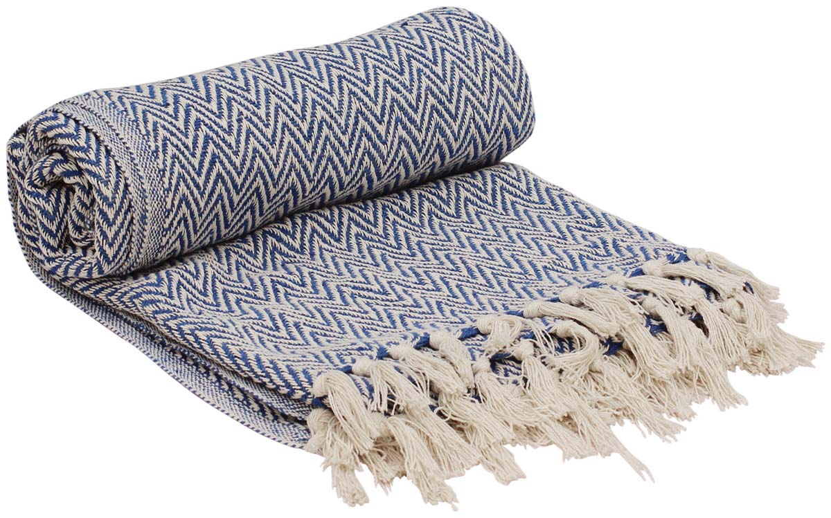 Bulk Wholesale Throw Blanket in 100% Pure Cotton – 65x52 Hand-Woven Reversible Chevron Throw in Blue and White Color with Tassels – Home Décor Furnishings from India