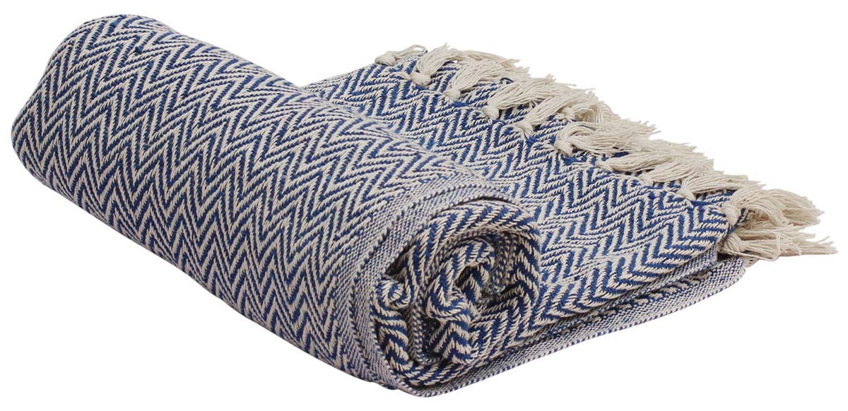 Bulk Wholesale Throw Blanket in 100% Pure Cotton – 65x52 Hand-Woven Reversible Chevron Throw in Blue and White Color with Tassels – Home Décor Furnishings from India