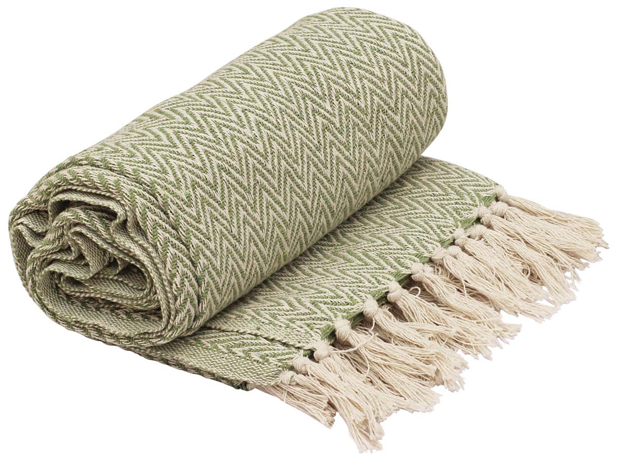 Bulk Wholesale Throw Blanket in 100% Pure Cotton – 65x52 Hand-Woven Reversible Chevron Throw in Apple Green and White Color with Tassels – Home Décor Furnishings from India