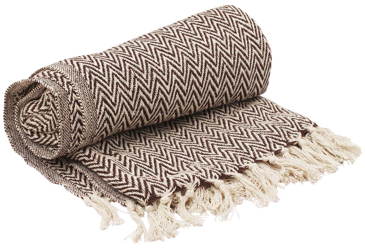 Bulk Wholesale Throw Blanket in 100% Pure Cotton – 65x52 Hand-Woven Reversible Chevron Throw in Brown and White Color with Tassels – Home Décor Furnishings from India