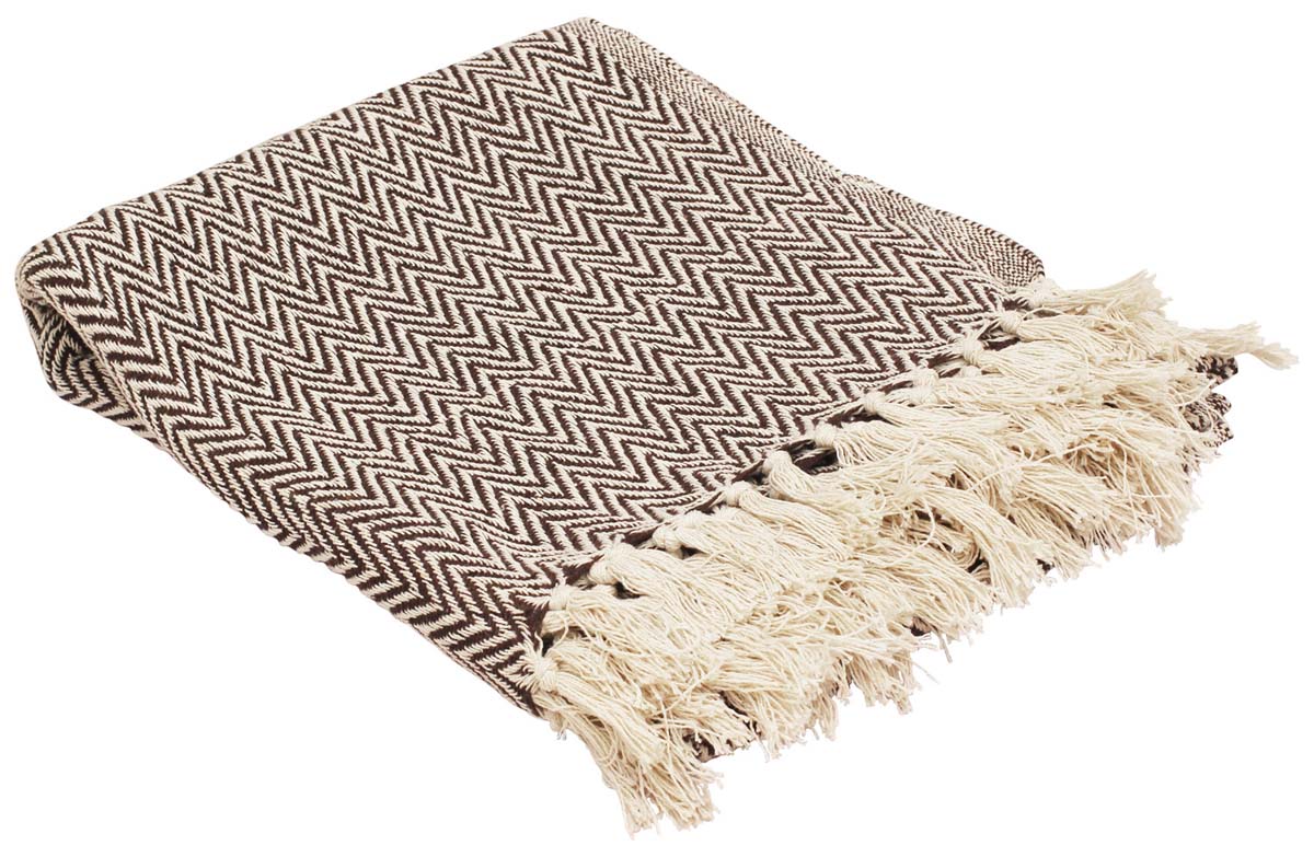 Bulk Wholesale Throw Blanket in 100% Pure Cotton – 65x52 Hand-Woven Reversible Chevron Throw in Brown and White Color with Tassels – Home Décor Furnishings from India