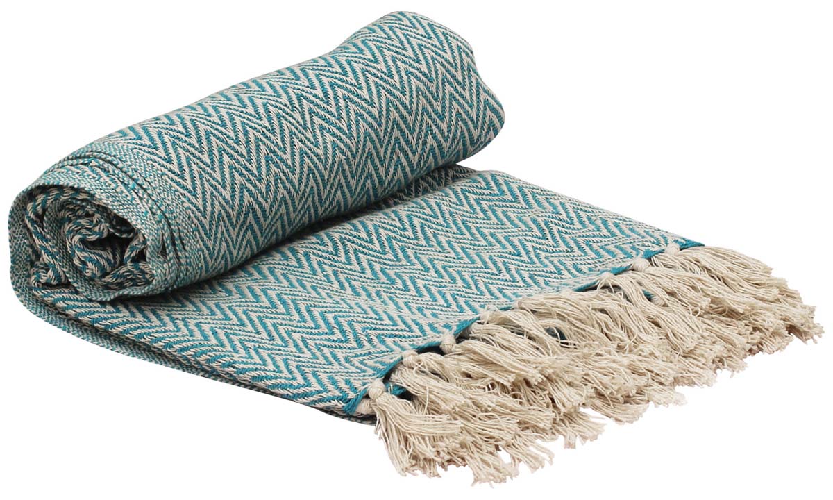 Bulk Wholesale Throw Blanket in 100% Pure Cotton – 65x52 Hand-Woven Reversible Chevron Throw in Sky-Blue and White Color with Tassels – Home Décor Furnishings from India