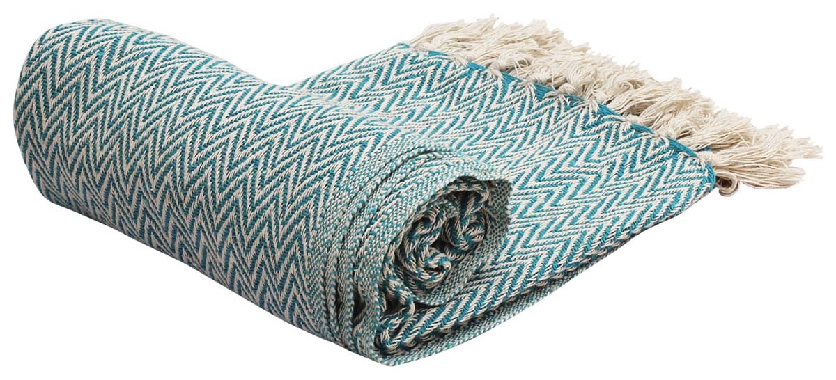 Bulk Wholesale Throw Blanket in 100% Pure Cotton – 65x52 Hand-Woven Reversible Chevron Throw in Sky-Blue and White Color with Tassels – Home Décor Furnishings from India