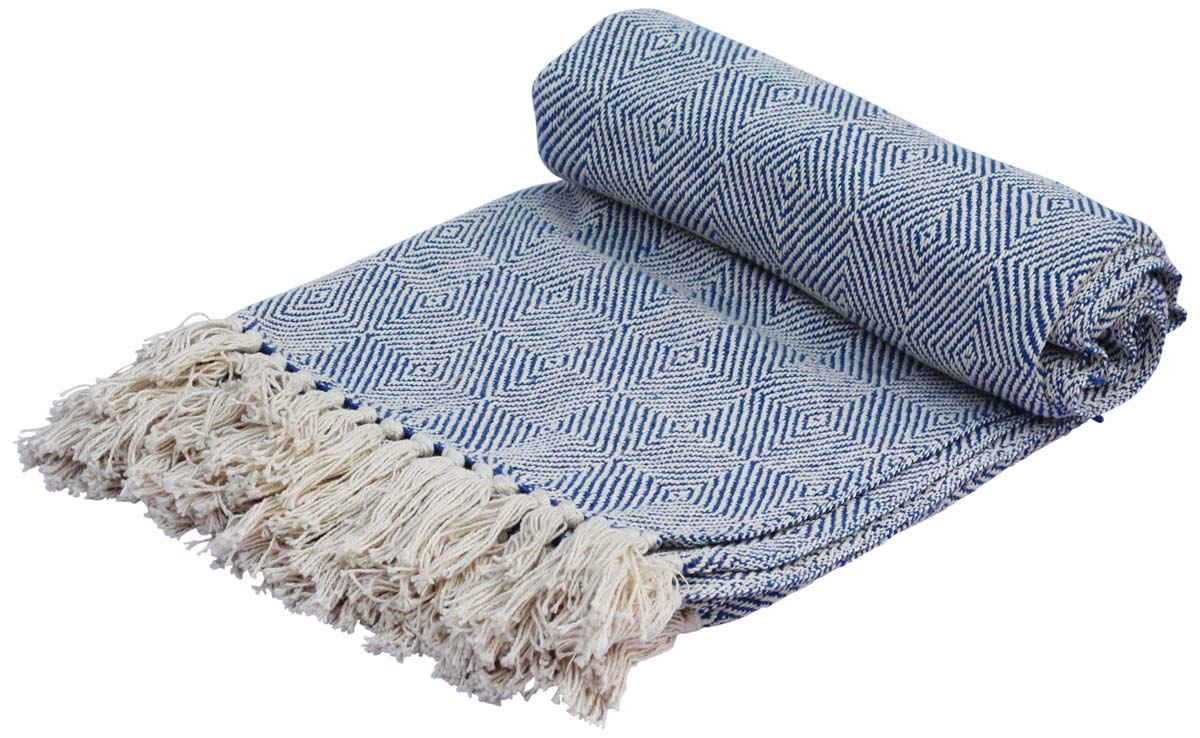 60” Cotton Blue White Throw with Trimmed Tassels – Handmade in Bulk at Wholesale – Diamond Pattern – Soft Everyday Blankets