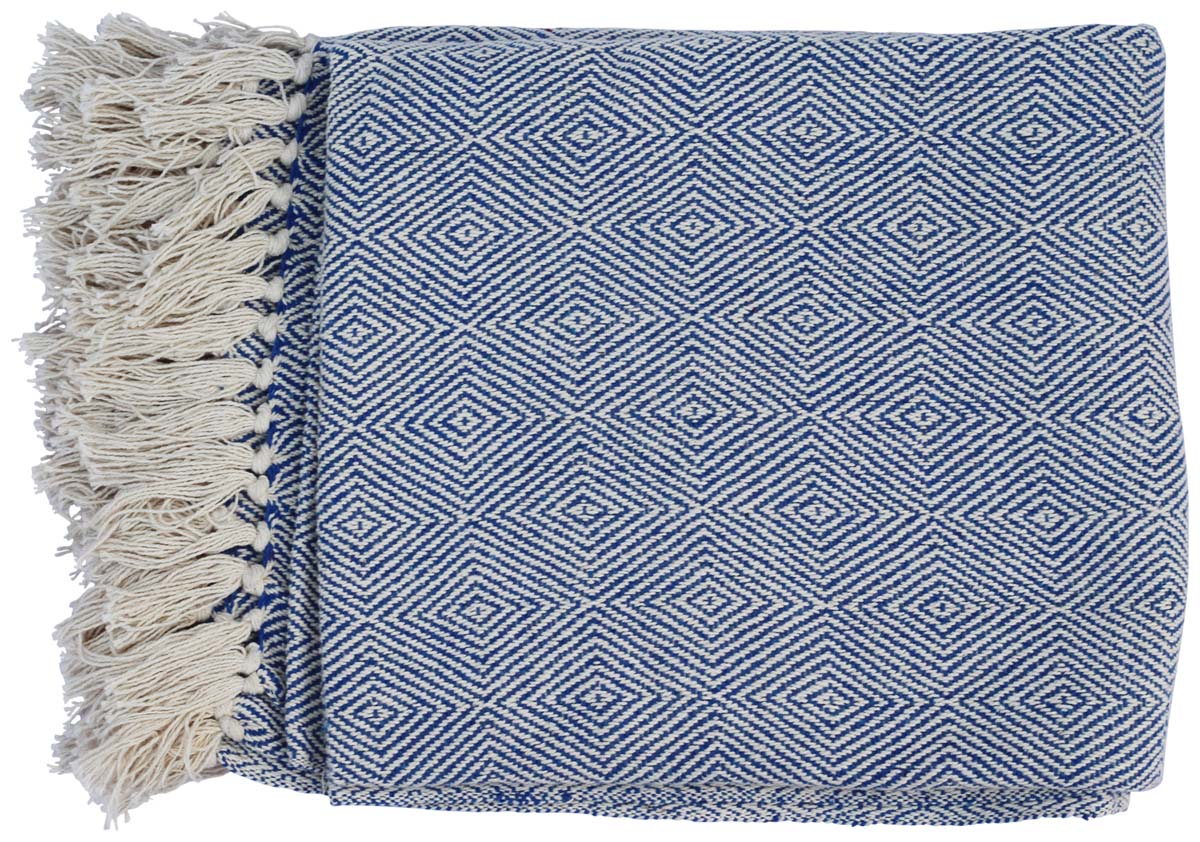 60” Cotton Blue White Throw with Trimmed Tassels – Handmade in Bulk at Wholesale – Diamond Pattern – Soft Everyday Blankets