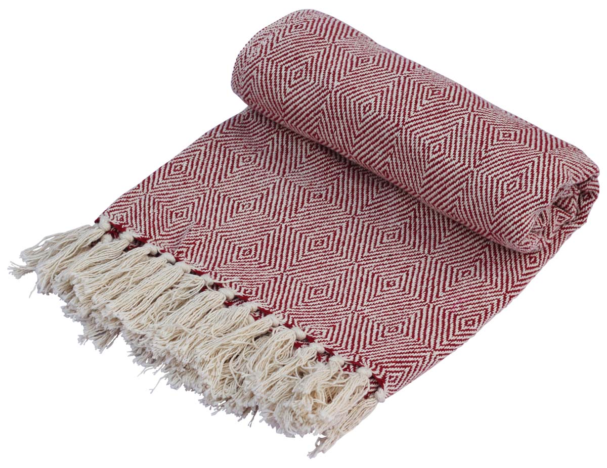 60” Cotton Red White Throw with Trimmed Tassels – Handmade in Bulk at Wholesale – Diamond Pattern – Soft Everyday Blankets