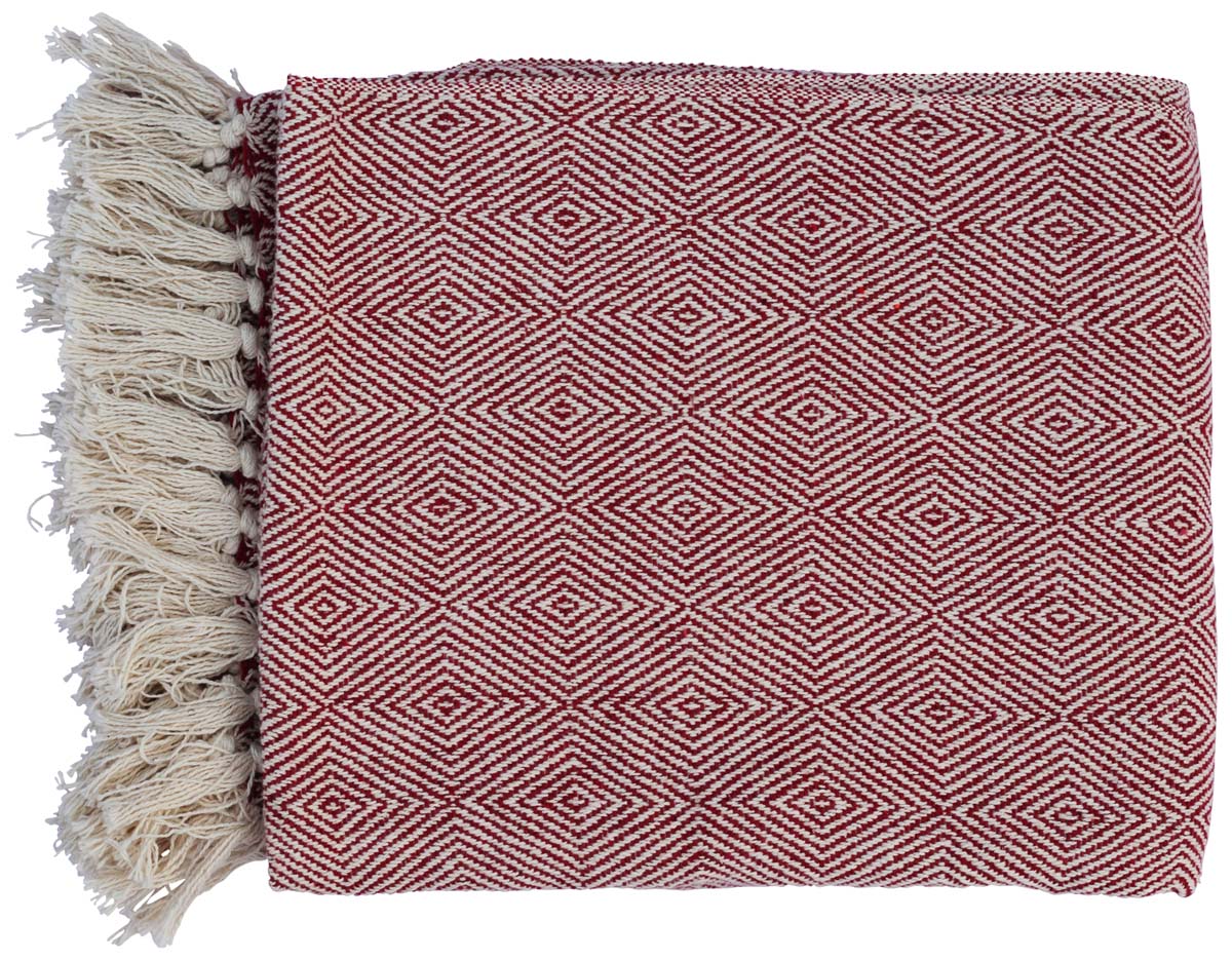 60” Cotton Red White Throw with Trimmed Tassels – Handmade in Bulk at Wholesale – Diamond Pattern – Soft Everyday Blankets