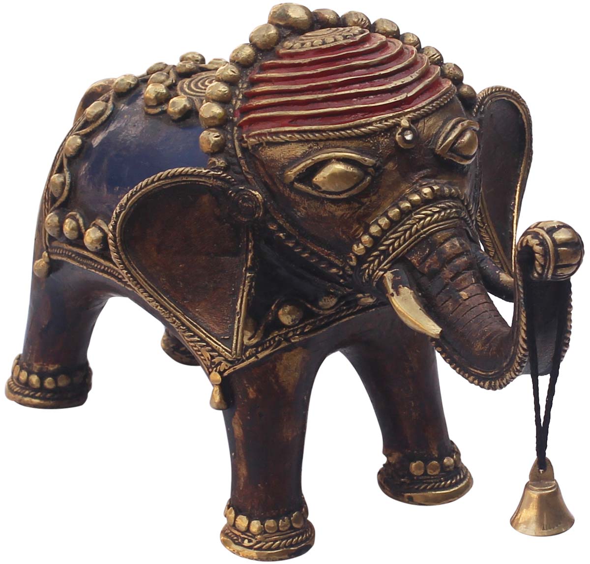 Wholesale 11” Heavyweight Trunk up Elephant Metal Figurine with Bell - Ancient Tribal Dhokra Art Bronze Metal Sculpture - Handmade Wishing Bell Elephant Statue from India