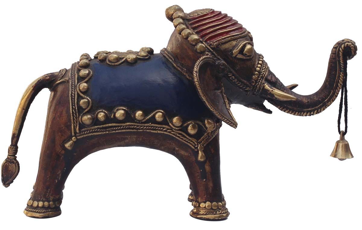 Wholesale 11” Heavyweight Trunk up Elephant Metal Figurine with Bell - Ancient Tribal Dhokra Art Bronze Metal Sculpture - Handmade Wishing Bell Elephant Statue from India