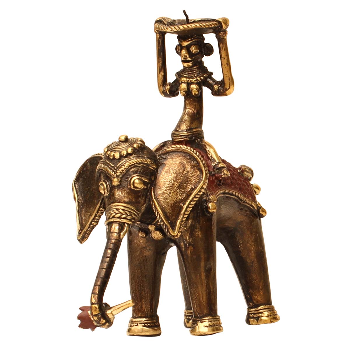 Wholesale 8” Dhokra Metal Elephant Figurine - Handmade Bronze Elephant and Mahout (Holding Candle Holder) Sculpture - Rustic & Primitive Look Statue - Lucky Tribal Dhokra Art Figurines from India
