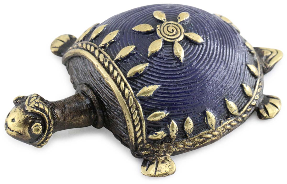 Buy Bulk Wholesale Dhokra Art Metal 4” Tortoise Figurine - Bronze Metal Antique Look Tribal Art Turtle Sculpture in Gold & Blue Color - Feng Shui Items & Good Luck Charms from India