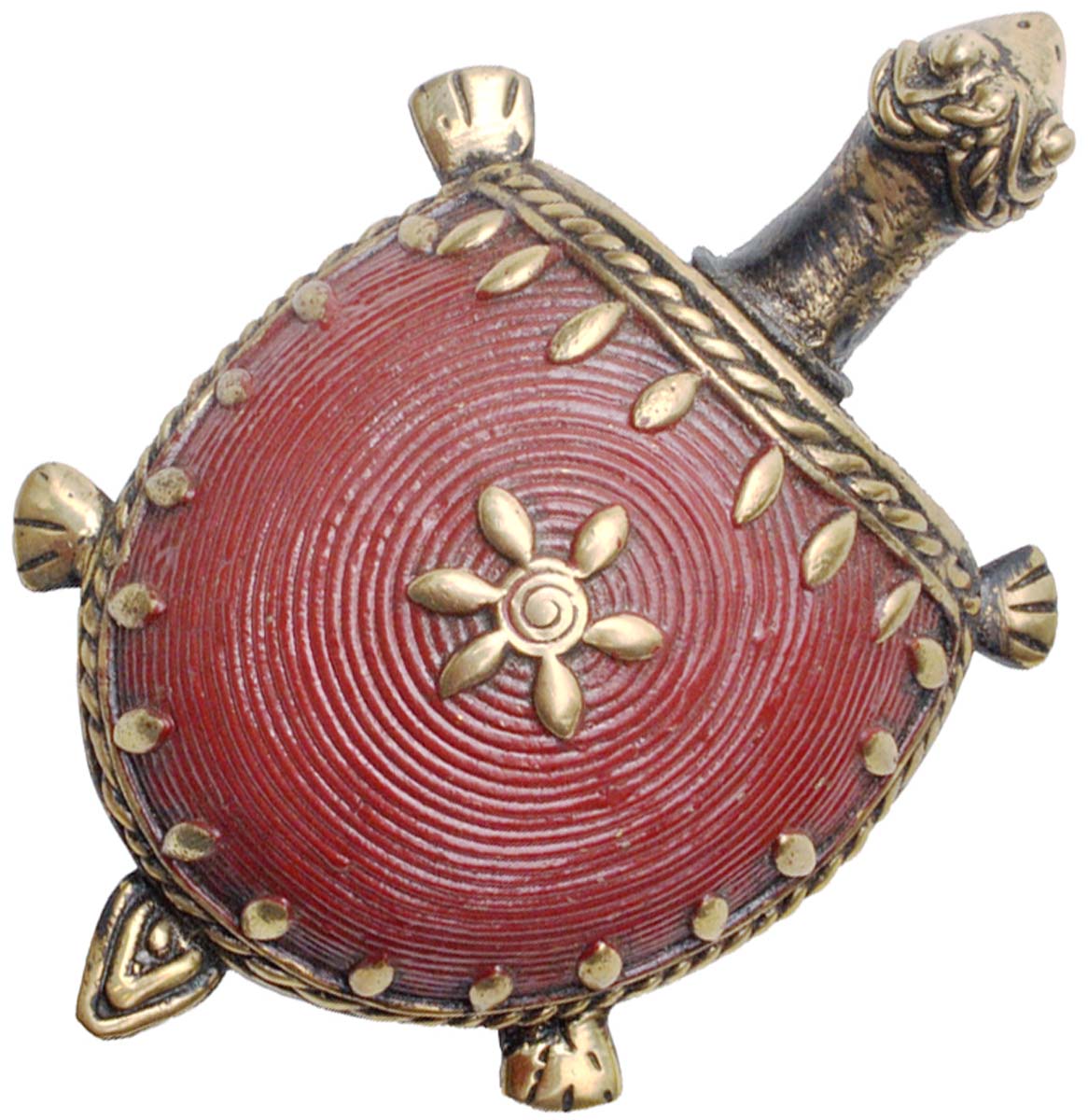 Buy Bulk Wholesale Dhokra Art Metal 4” Tortoise Figurine - Bronze Metal Antique Look Tribal Art Turtle Sculpture in Red & Gold Color - Feng Shui Items & Good Luck Charms from India