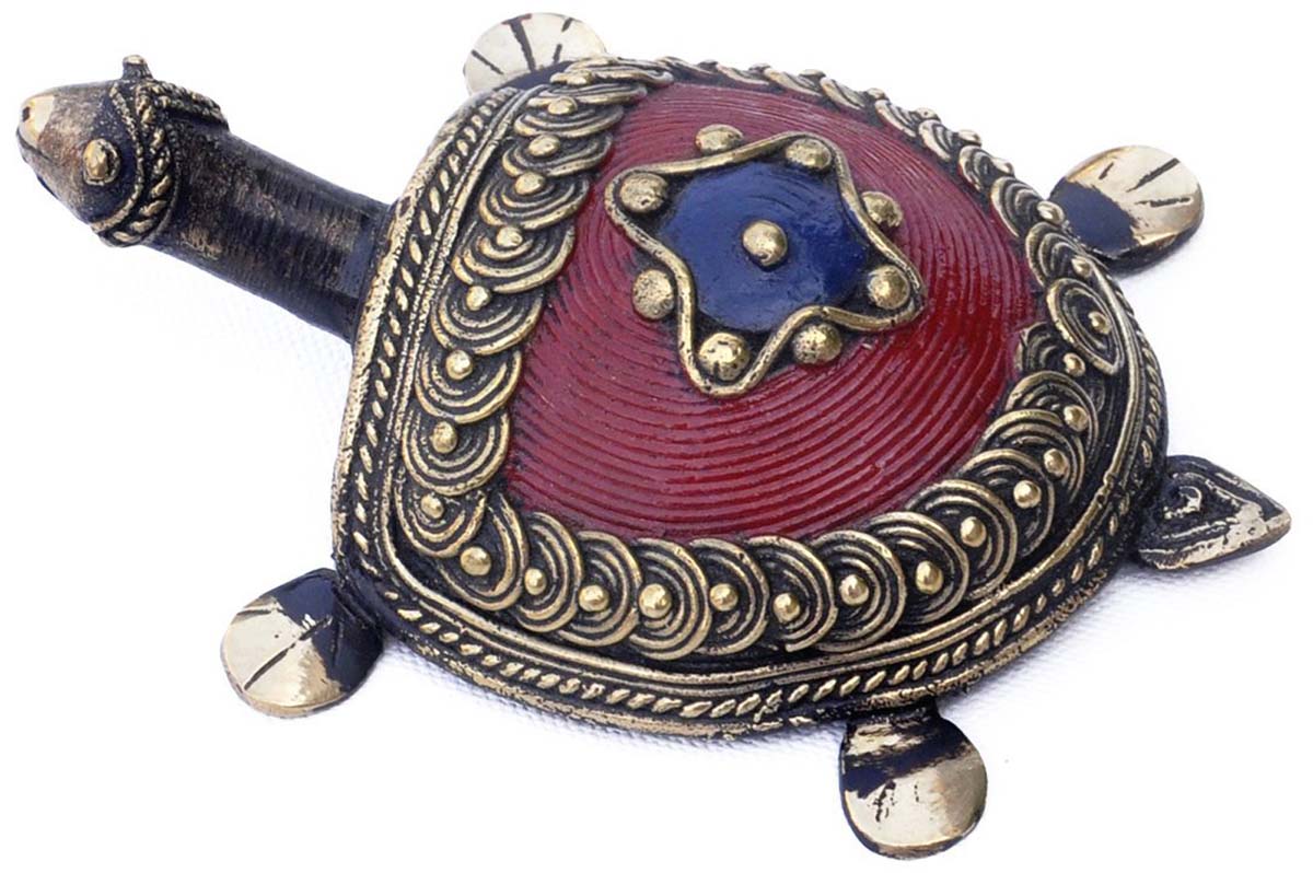 Buy Bulk Wholesale Dhokra Art Metal 5” Tortoise Figurine - Bronze Metal Antique Look Tribal Art Turtle Sculpture in Red Gold & Blue Color - Feng Shui Items & Good Luck Charms from India