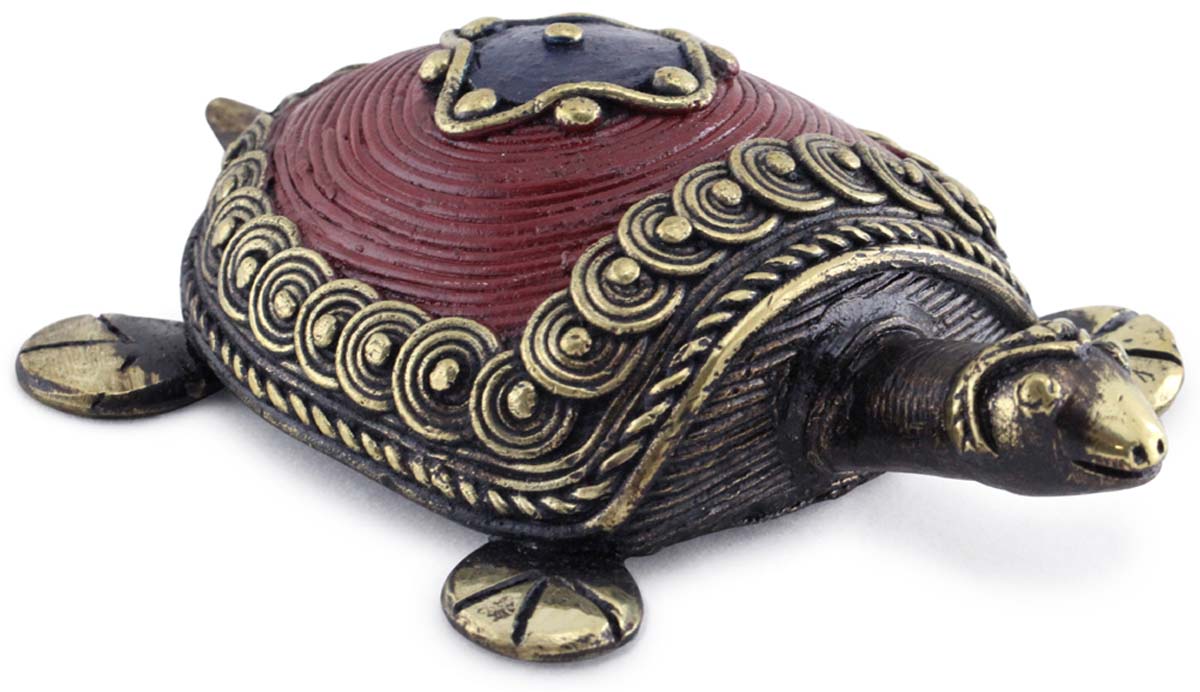 Buy Bulk Wholesale Dhokra Art Metal 5” Tortoise Figurine - Bronze Metal Antique Look Tribal Art Turtle Sculpture in Red Gold & Blue Color - Feng Shui Items & Good Luck Charms from India