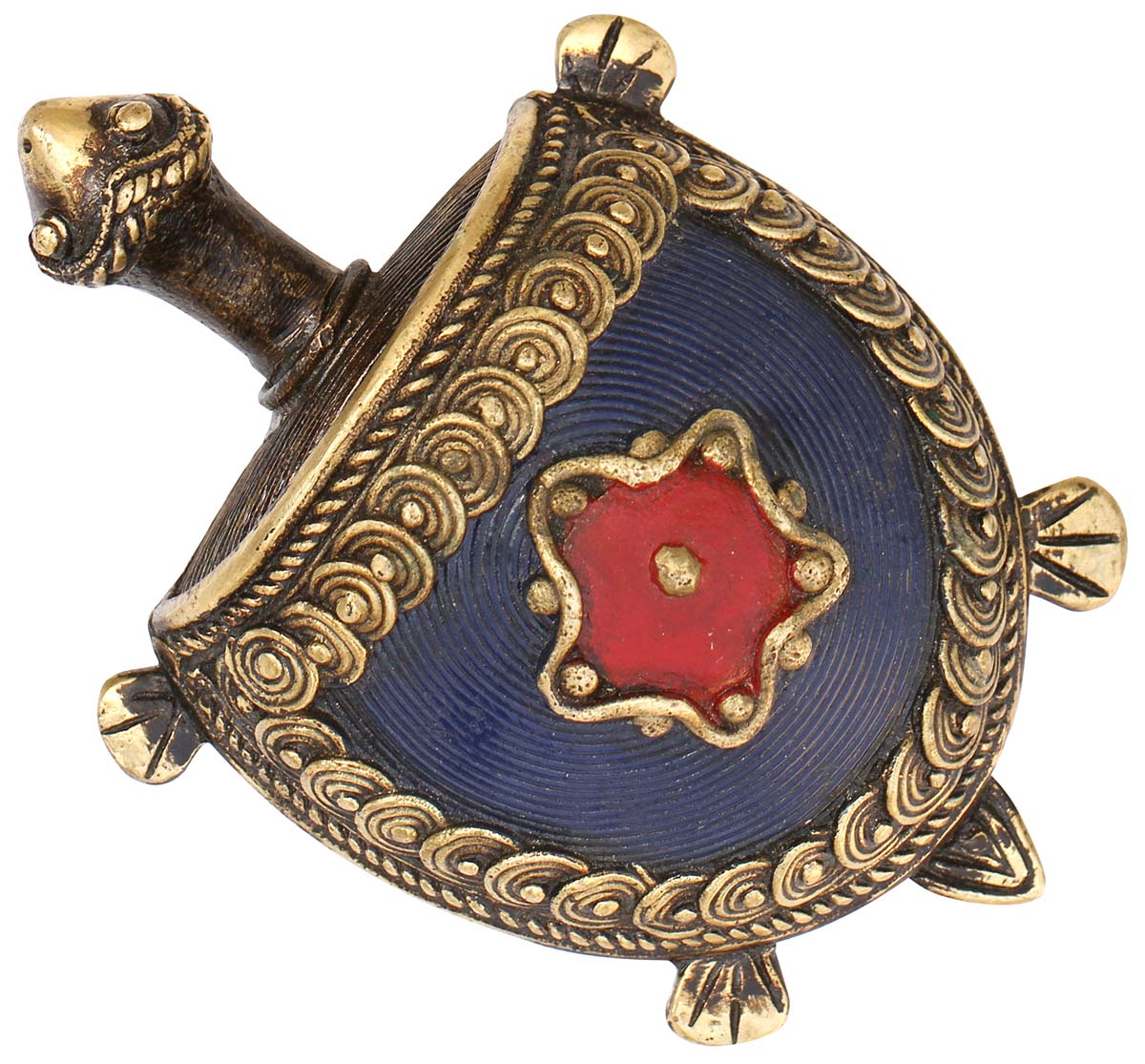 Buy Bulk Wholesale Dhokra Art Metal Tortoise Figurine - Antique Look Tribal Art Turtle Sculpture in Red Gold & Blue - Feng Shui Items & Good Luck Charms from India