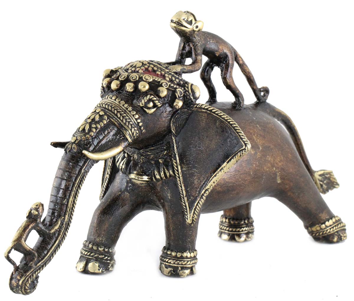 Wholesale 9” Heavyweight Naughty Monkey & Elephant Metal Figurine - Ancient Tribal Dhokra Art Bronze Metal Sculpture - Handmade Elephant Statue from India