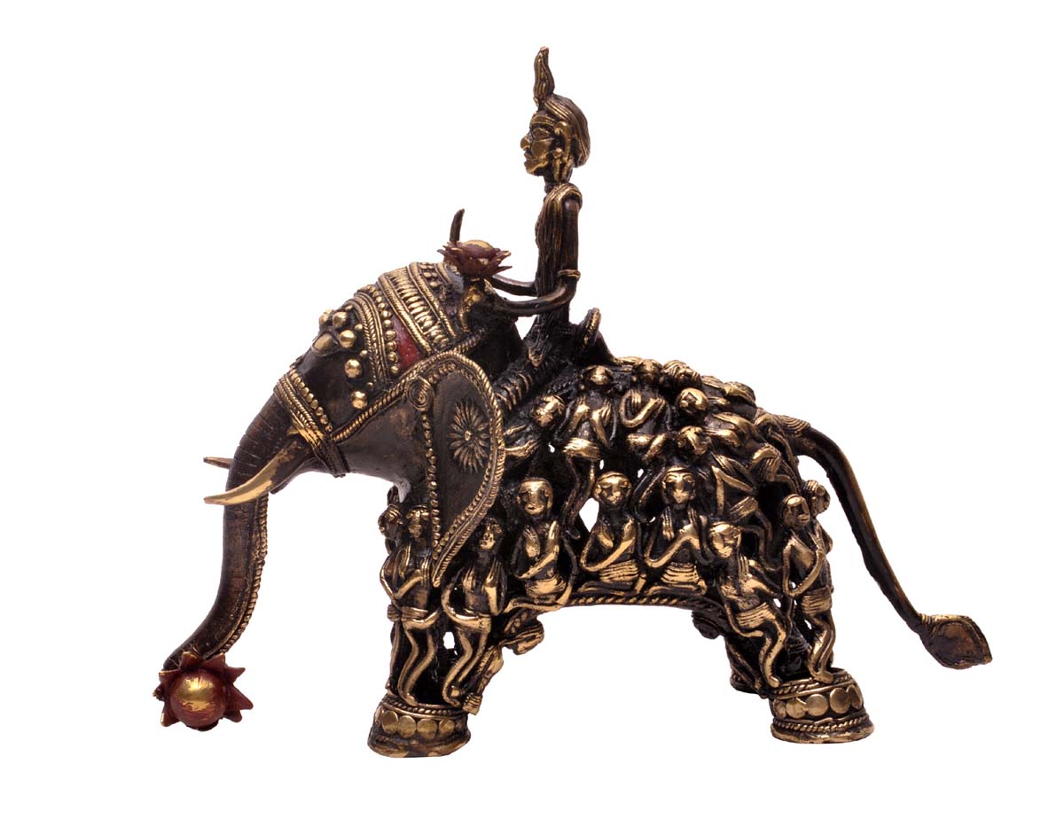 Wholesale 10” Metal Figurine Of "Man (Kamdev) Riding An Elephant" - Ancient Tribal Dhokra Art Bronze Metal Sculpture - Handmade Elephant Statue from India