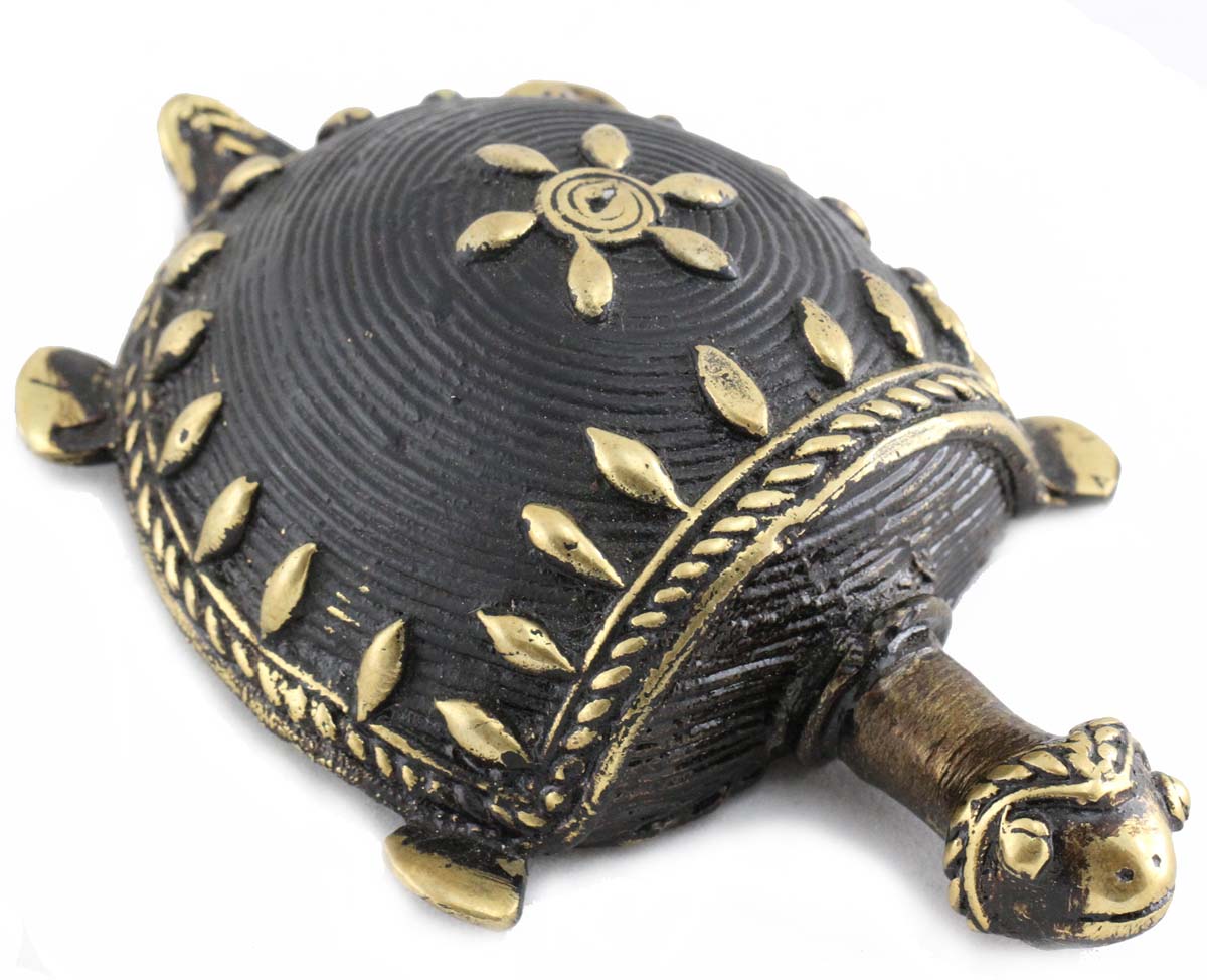 Buy Bulk Wholesale Dhokra Art Metal 4.5” Tortoise Figurine - Bronze Metal Antique Look Tribal Art Turtle Sculpture in Black & Gold Color - Feng Shui Items & Good Luck Charms from India