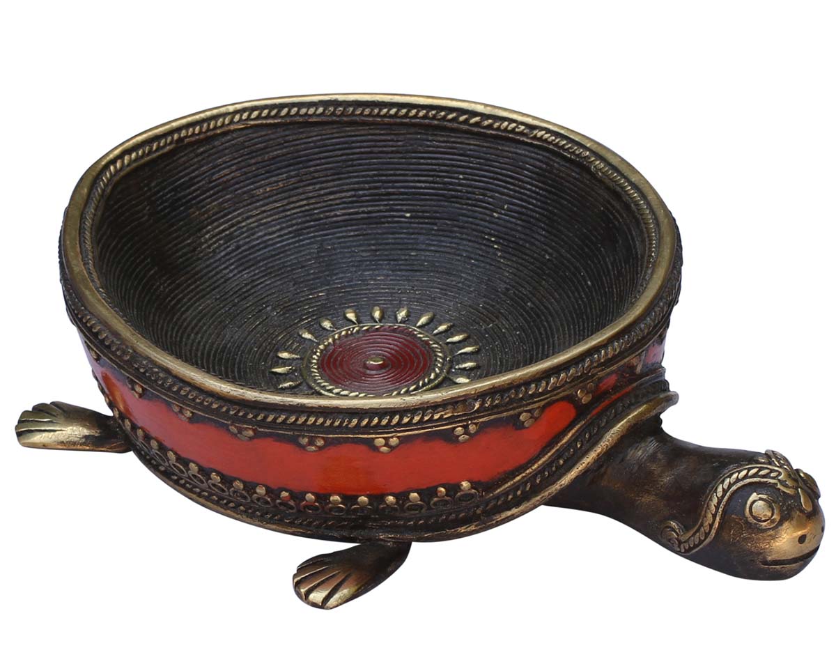  Fancy Creations – Handmade Orange Color Turtle Figure / Sculpture Metal Bowl in Dhokra Art – Decorative Key Holder / Antique-Look Artifacts  - Buy in Bulk Wholesale