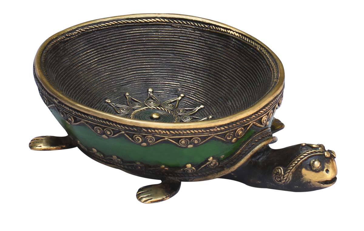  Slow & Steady - Handmade Dhokra Art Tortoise Sculpture in Green Color – Metal Bowl for Holding Keys / Coins – Antique-Look Home / Office Décor  - Buy in Bulk Wholesale